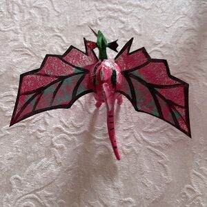Handmade Mexican Wooden Pink Flying Dinosaur Dragon with wings